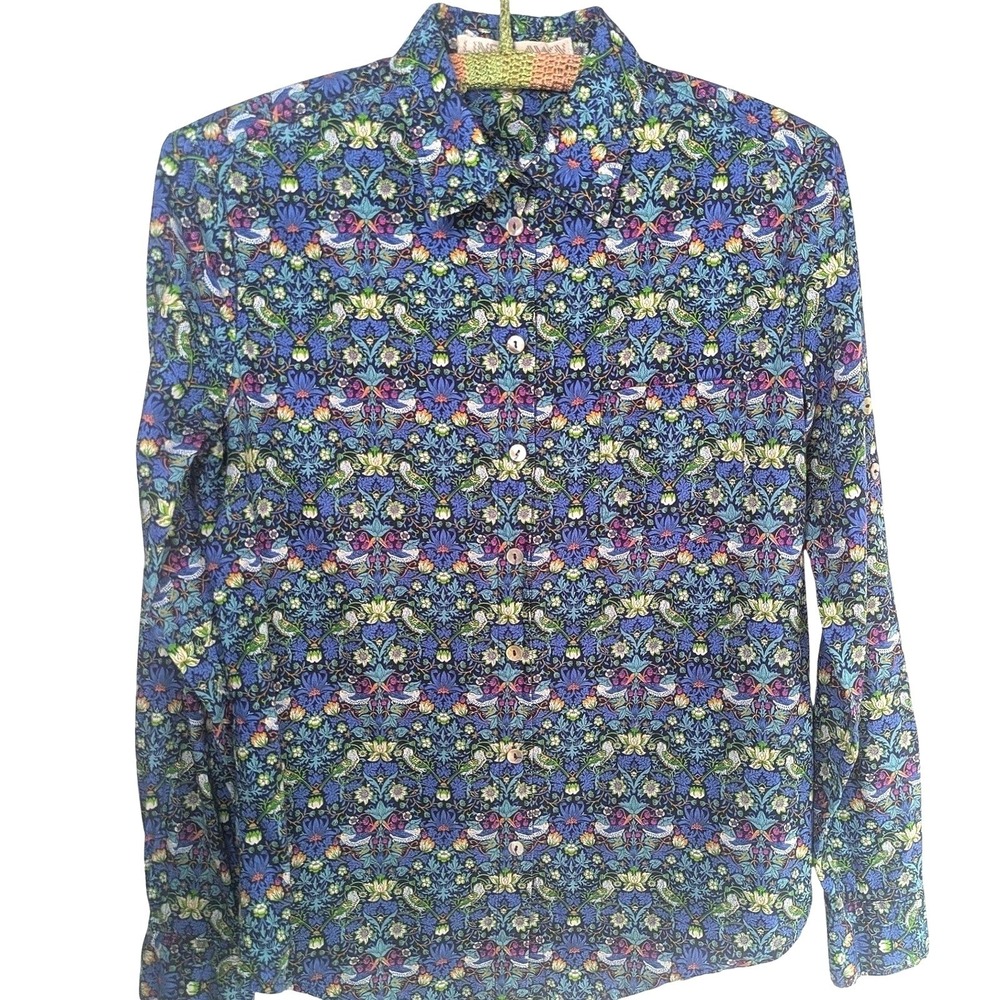 Linen Lawn Strawberry Thief Floral Bird Print Button Down Shirt Blue Green Sz 10